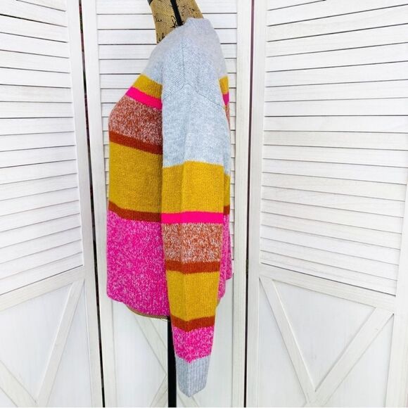 Lou & Grey for Loft Multi Stripe Chunky Knit Sweater Gray Yellow Pink Small - Picture 3 of 13